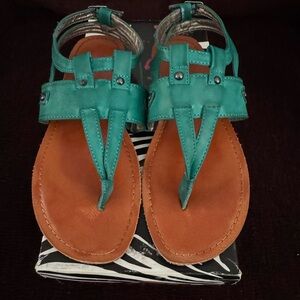 Turquoise T-Strap Leather Sandals